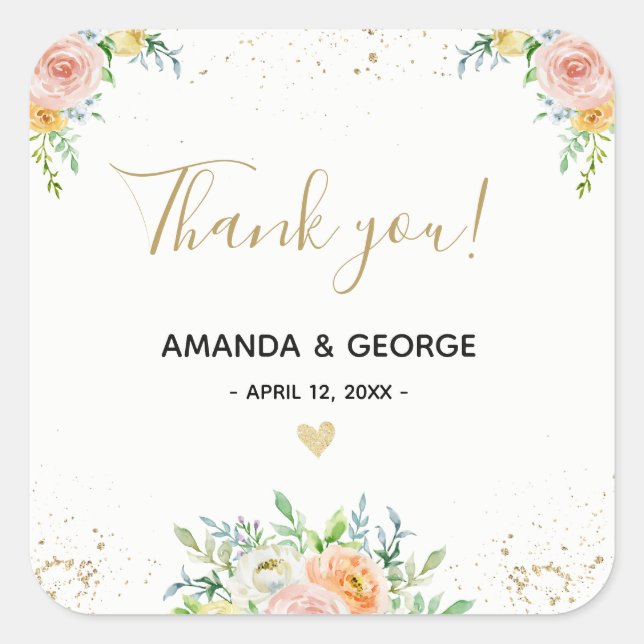 Adesivo Quadrado Vinheta de casamento - dourado floral e rosa (Frente)