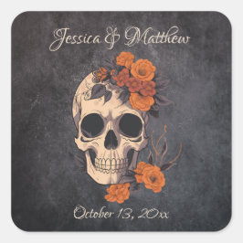 Adesivo Quadrado Vinheta de Casamento Elegante das Flores Laranja