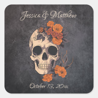 Adesivo Quadrado Vinheta de Casamento Elegante das Flores Laranja