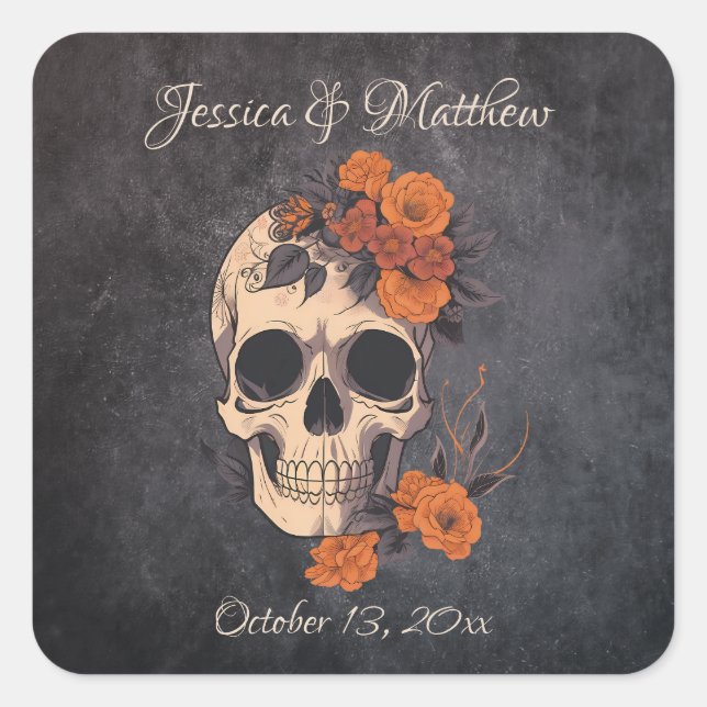 Adesivo Quadrado Vinheta de Casamento Elegante das Flores Laranja (Frente)