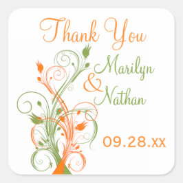 Adesivo Quadrado Vinheta de Casamento Laranja Verde Branco Floral d