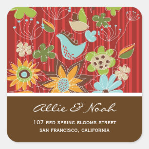 Adesivo Quadrado Vinheta de Casamento Tropical Red Floral Garden Su