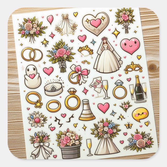 Adesivo Quadrado Vinheta de Celebração de Casamento" (Frente)