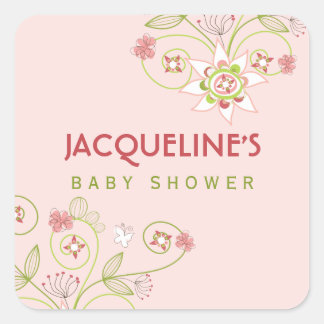 Adesivo Quadrado Vinheta de Chá de fraldas de Blooms Rosa Whimicale