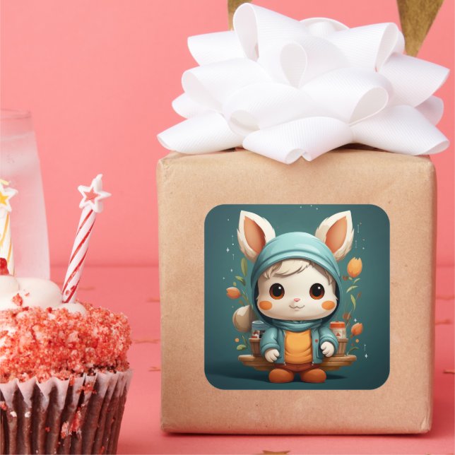 Adesivo Quadrado Vinheta de coelhinho bonito (Festa)