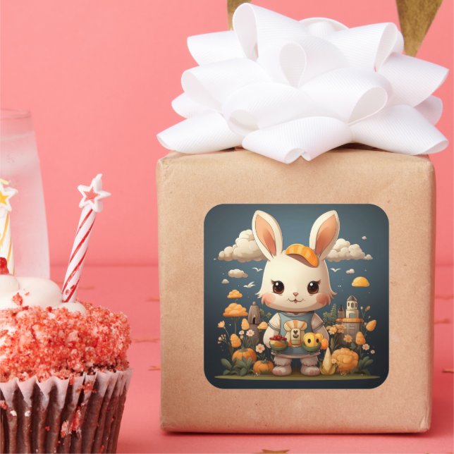 Adesivo Quadrado Vinheta de coelhinho bonito (Festa)