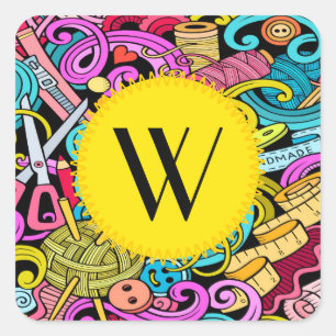 Adesivo Quadrado Vinheta de costura e tricotagem contemporâneas