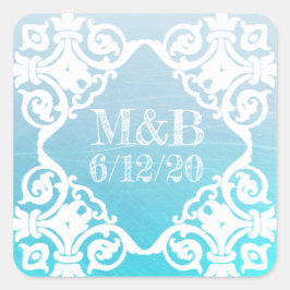 Adesivo Quadrado Vinheta de Data e Iniciais Aqua Personalizada