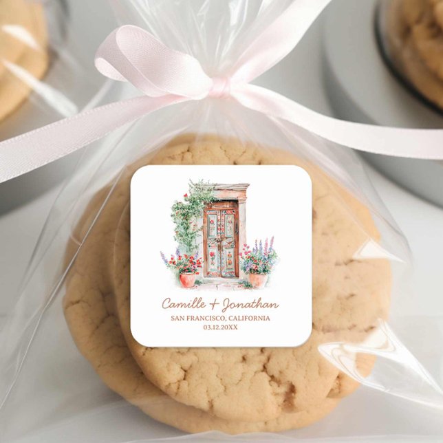 Adesivo Quadrado Vinheta de Favor de Casamento de Destino Russo (Rustic Terracotta Wedding  Favor Stickers)