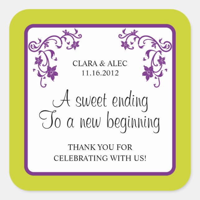 Adesivo Quadrado Vinheta de Favor de Casamento Floral (Frente)