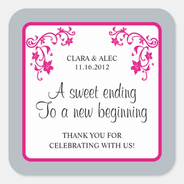 Adesivo Quadrado Vinheta de Favor de Casamento Floral (Frente)