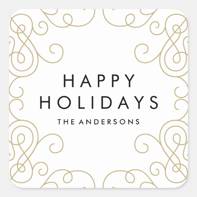 Adesivo Quadrado Vinheta de Feriado de Rolagem Dourada (Frente)