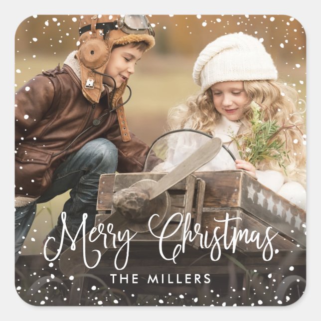 Adesivo Quadrado Vinheta de fotos de neve de feriados felizes (Frente)