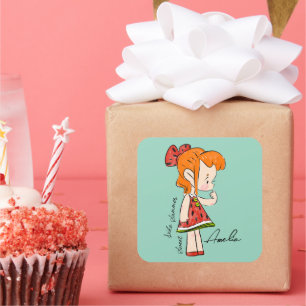 Adesivo Quadrado Vinheta de Garota de Melancia