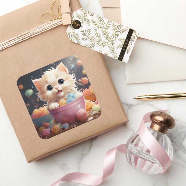 Adesivo Quadrado Vinheta de gato bonito (Presentear)