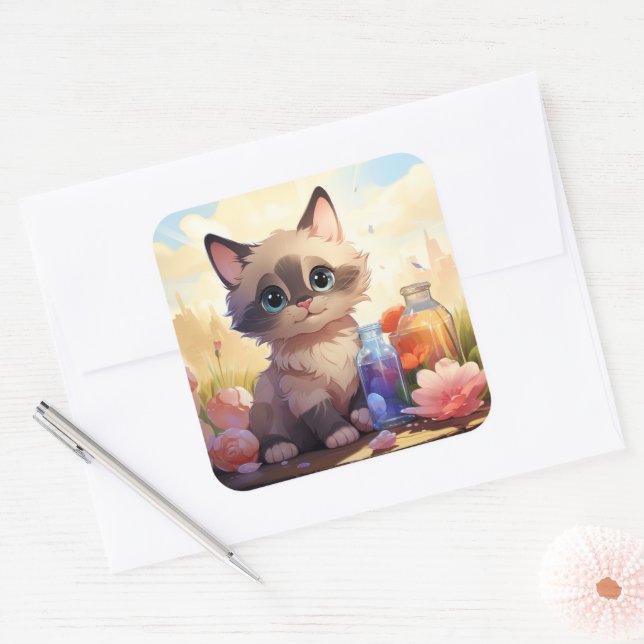 Adesivo Quadrado Vinheta de gato bonito (Envelope)