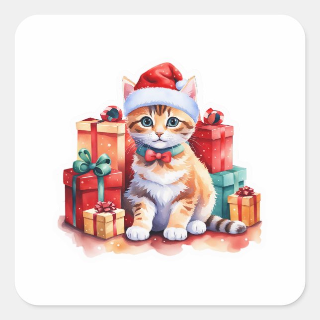 Adesivo Quadrado Vinheta de gato de Natal giro - Gatinho bonito com (Frente)