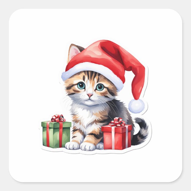 Adesivo Quadrado Vinheta de gato de Natal reproduzível - Gatinho co (Frente)