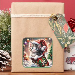 Adesivo Quadrado Vinheta de gato Feliz Natal