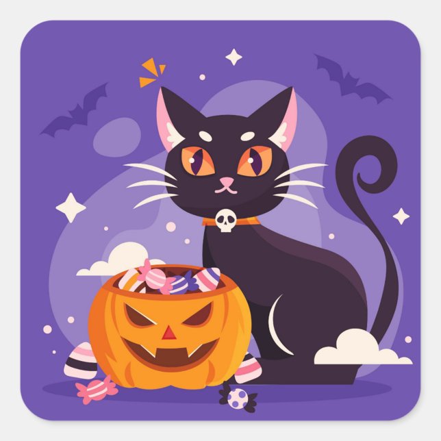Adesivo Quadrado Vinheta de Gato Halloween (A whimsical black cat with bright eyes sits beside a pumpkin filled with colorful candies.  )