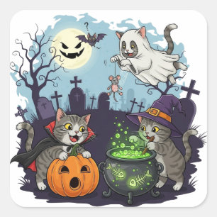 Adesivo Quadrado Vinheta de Gatos Halloween
