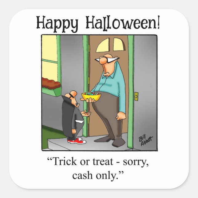 Adesivo Quadrado Vinheta de Humor de Halloween "Cash Only" (Frente)