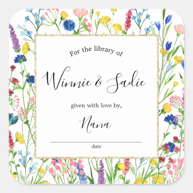 Adesivo Quadrado vinheta de livraria do Jardim de Flores Selvagens (Frente)