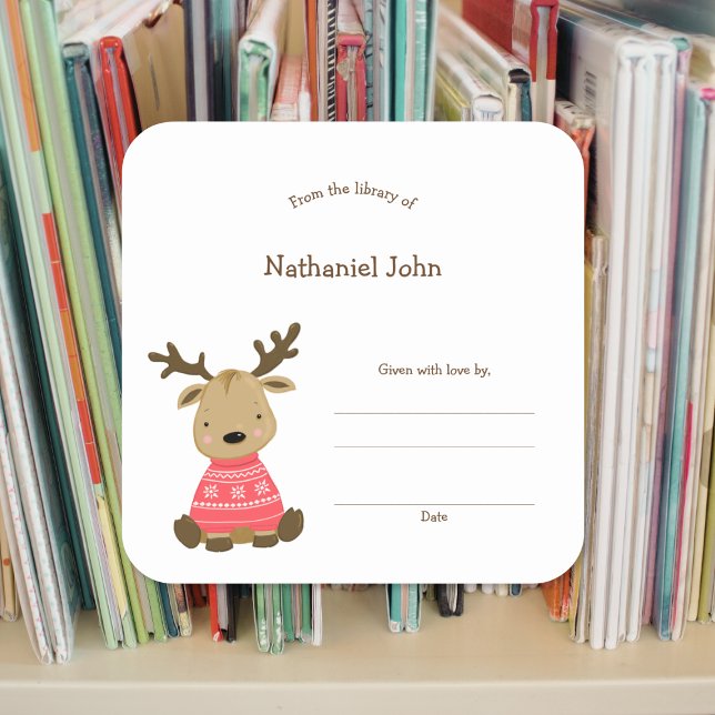 Adesivo Quadrado vinheta de livraria do Winter Baby Deer Library (Criador carregado)