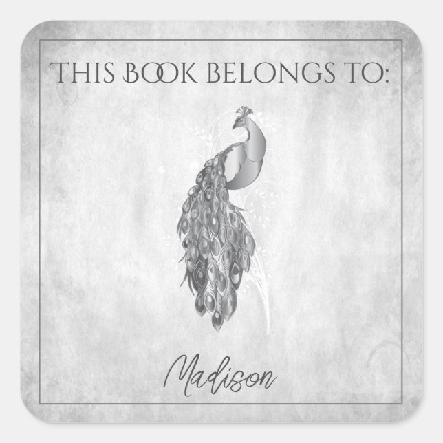 Adesivo Quadrado Vinheta de Livro de Pavão de Prata Elegante (Frente)