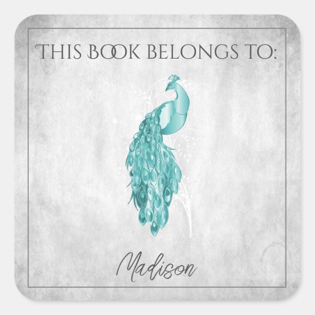 Adesivo Quadrado Vinheta de Livro Peacock Elegante Teal (Frente)