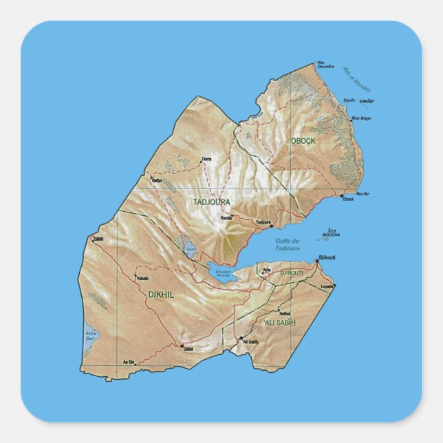 Adesivo Quadrado Vinheta de Mapa Djibouti (Frente)