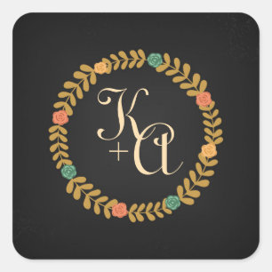 Adesivo Quadrado Vinheta de Monograma de Casamento Floral de Wreath