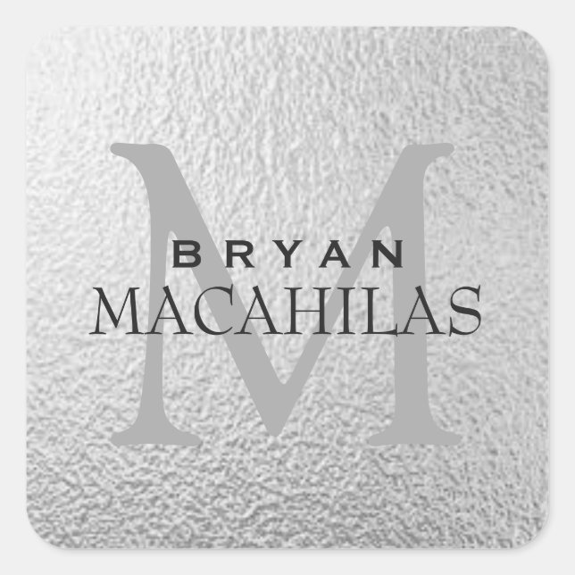 Adesivo Quadrado Vinheta de monograma de folhas prateadas profissio (Frente)