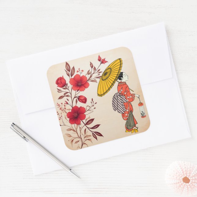Adesivo Quadrado Vinheta de Mulher Asiática (Envelope)