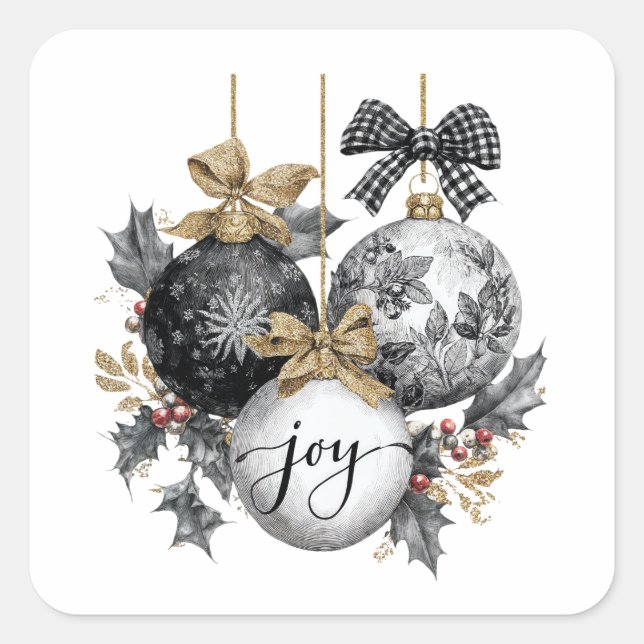 Adesivo Quadrado Vinheta de Natal Elegante Preto e Branco (Frente)