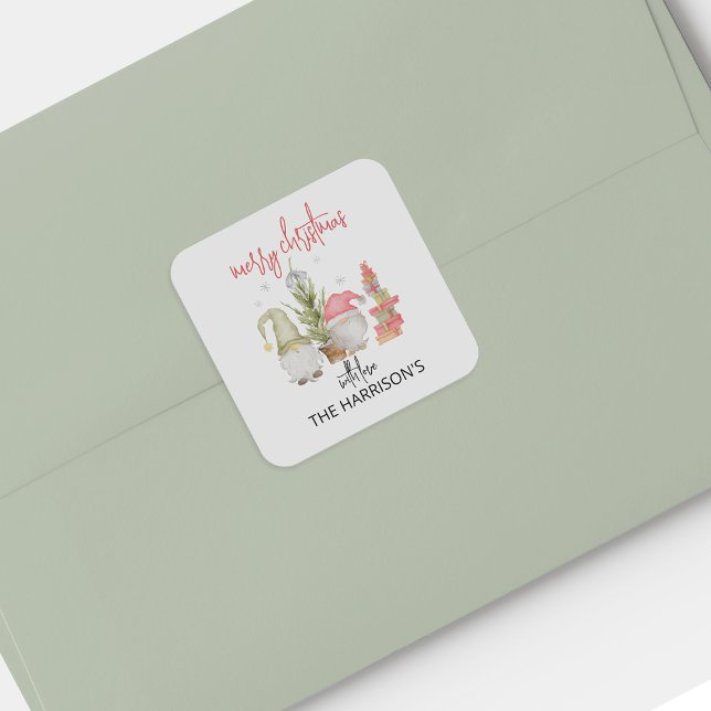 Adesivo Quadrado Vinheta de Natal Gnomo Watercolor (Criador carregado)