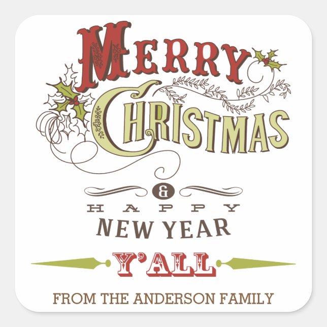 Adesivo Quadrado Vinheta de Natal Merry Personalizado Y'All Holiday (Frente)