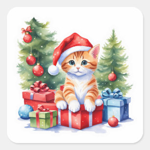Adesivo Quadrado Vinheta de Natal para Gatos Adorável - Gatinho pel