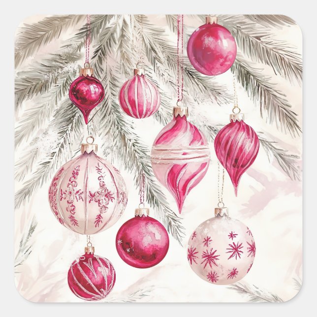 Adesivo Quadrado Vinheta de Natal para Ornações Brancas Rosa (Frente)