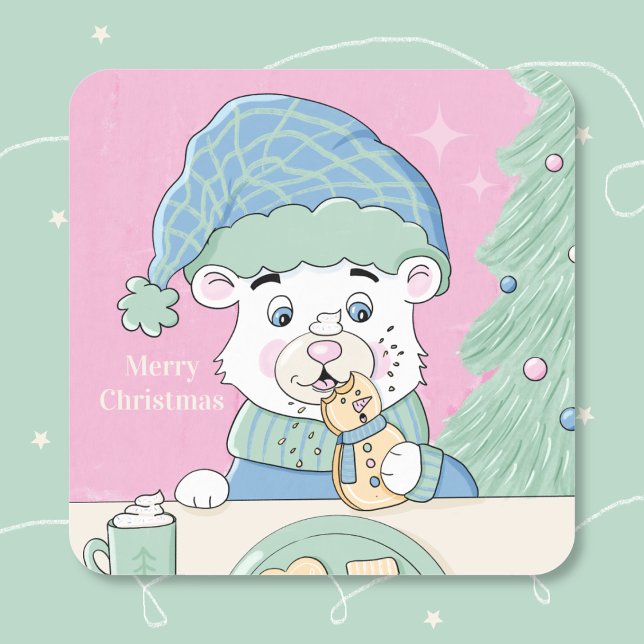 Adesivo Quadrado Vinheta de Natal Rosa Quadrada do Urso Polar (Pink retro-style Christmas square sticker with an adorable polar bear cub eating a cookie . )