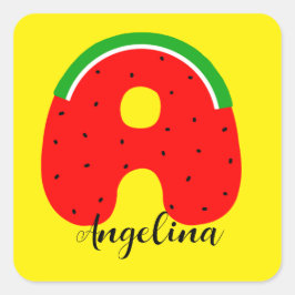 Adesivo Quadrado Vinheta de nome A, Vinheta de nome de melancia,