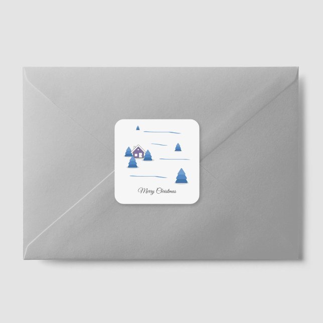 Adesivo Quadrado Vinheta de paisagem de neve com aquarela (Watercolor Snowy Landscape Sticker)