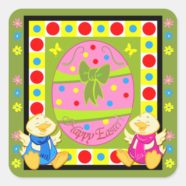 Adesivo Quadrado Vinheta de Páscoa branca com texto e galinhas (Frente)