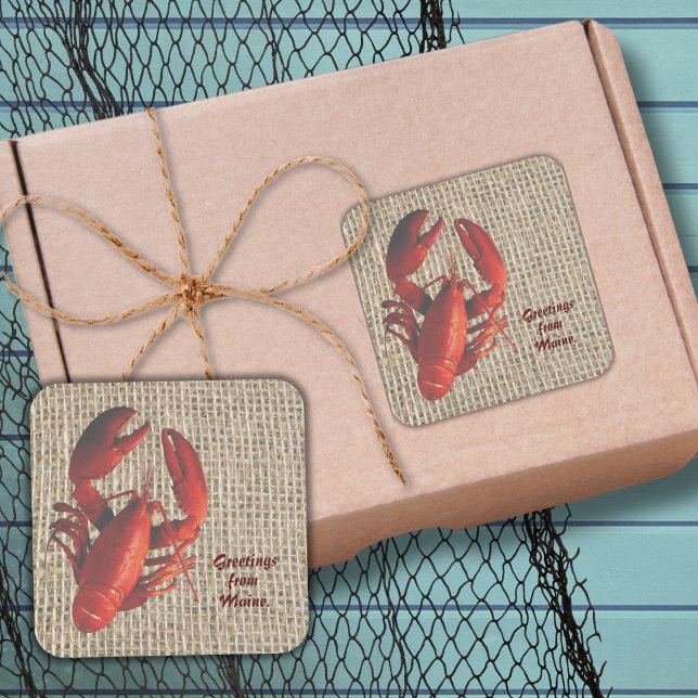 Adesivo Quadrado Vinheta de saudações costeiras de lavagante (Customize these cute Maine Lobster sickers. Send your loved ones a little touch of your Hometown!)