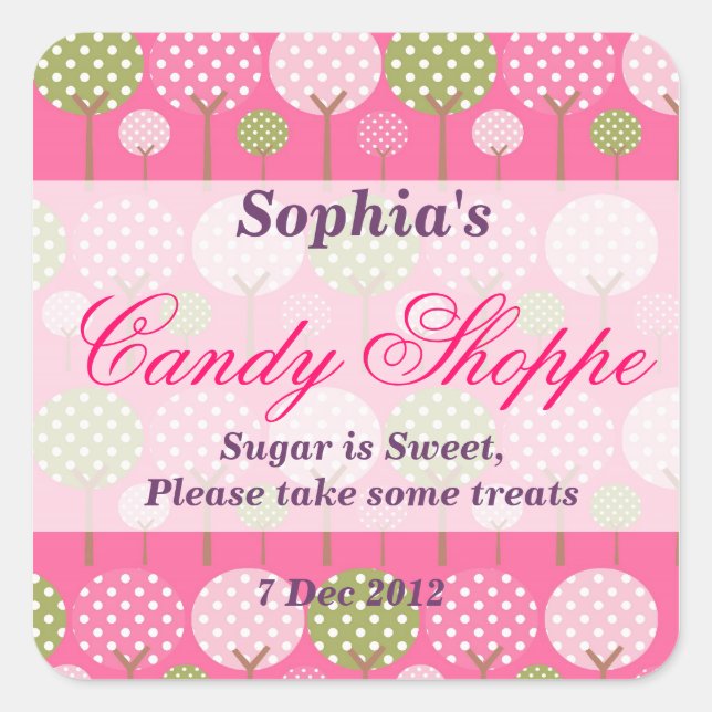 Adesivo Quadrado Vinheta de Shoppe de Candy de Árvore Whimsso (Frente)