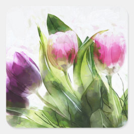 Adesivo Quadrado Vinheta de Tulipas Rosa e Púrpura com Aquarela