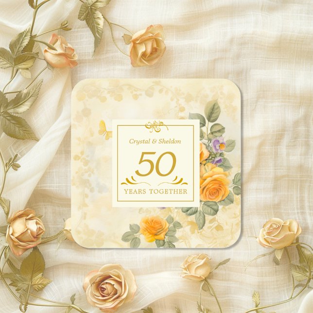 Adesivo Quadrado Vinheta do 50º Aniversário de Casamento Dourado e  (Gold Yellow Roses 50th Wedding Anniversary sticker)