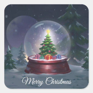 Adesivo Quadrado Vinheta do Globo de Neve da Árvore de Natal