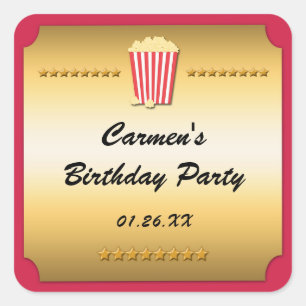Adesivo Quadrado Vinheta do Popcorn Party de Cinema Vermelho e Dour