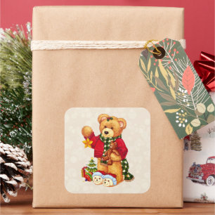 Adesivo Quadrado Vinheta do urso de Natal